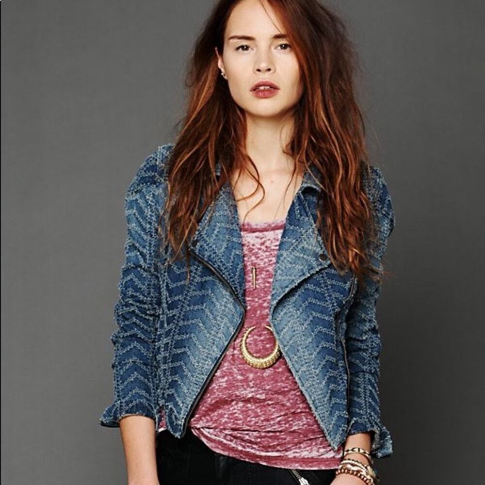 Free People Herringbone Punched Denim Moto Jacket -NWT